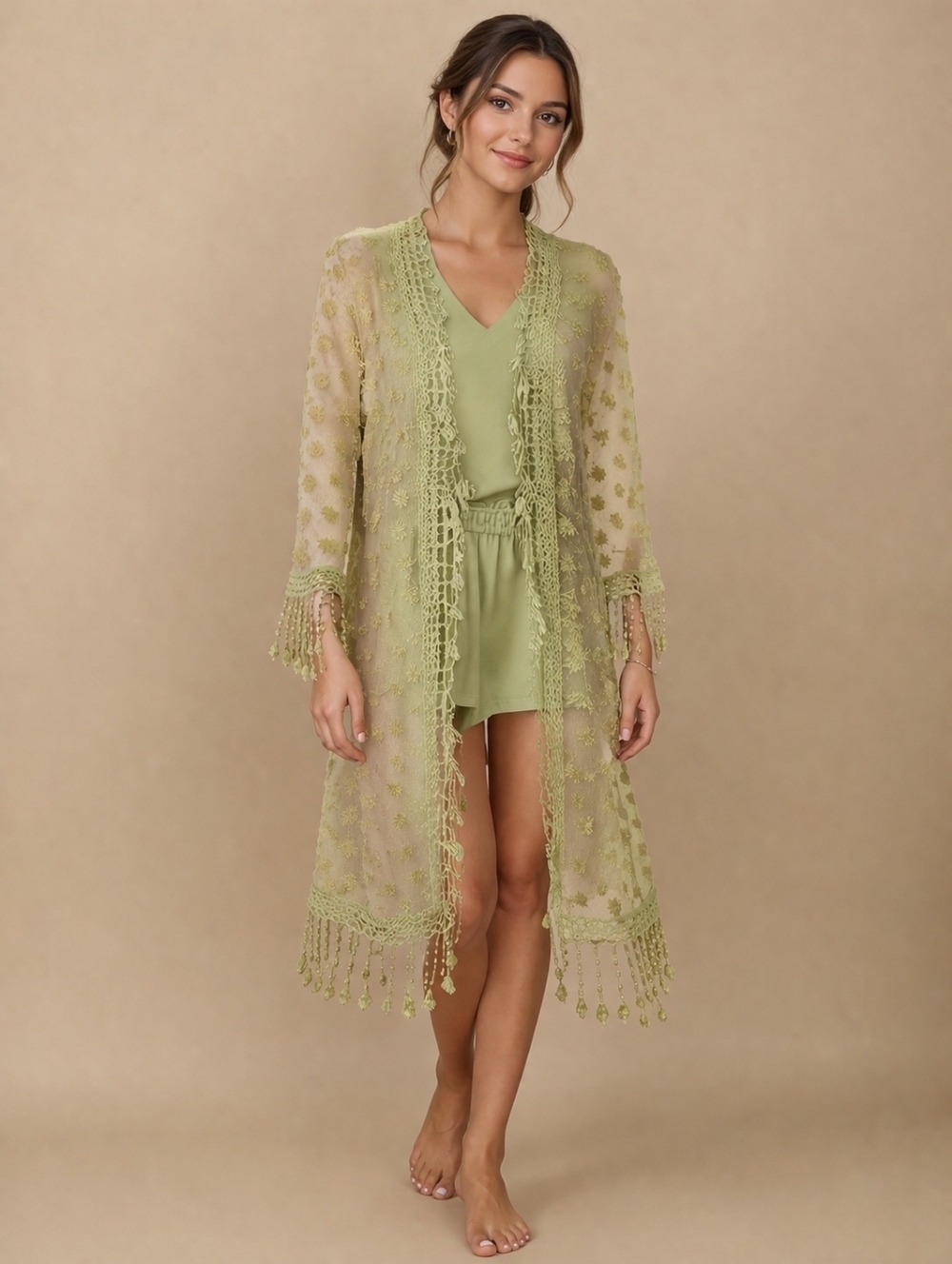 LA BELLUM by Hillary Scott Celery Green Two Piece Peplum Top and Lace Kimono